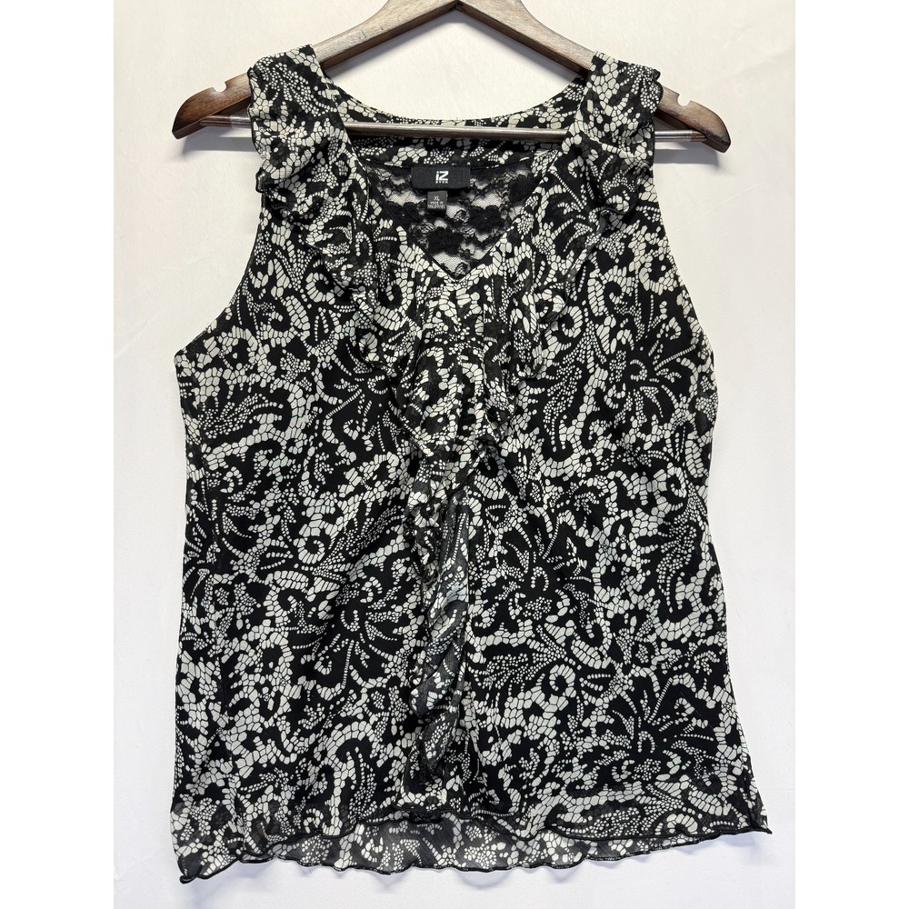 Iz Byer Tank Top‎ Womens XL Black White Geometric Lace Back Detail Ruffle V Neck
